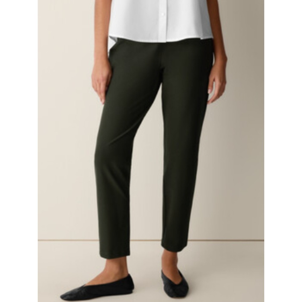 Eileen Fisher Straight Cropped Pants Sz L Black Stretch Crepe Minimalist Pull On